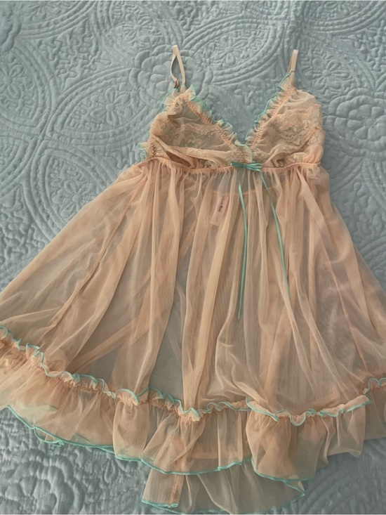 La Vie En Rose Other - La Vie En Rose Pink Sheer Lace Babydoll with Teal Trim